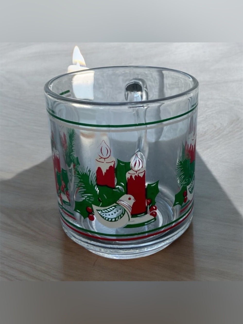 Vintage Kig Indonesia Christmas Clear Glass Mug Candle Bird Poinsettia Design